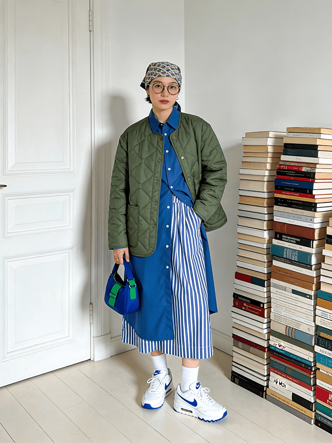 A woman styled head to toe in shades that suit her