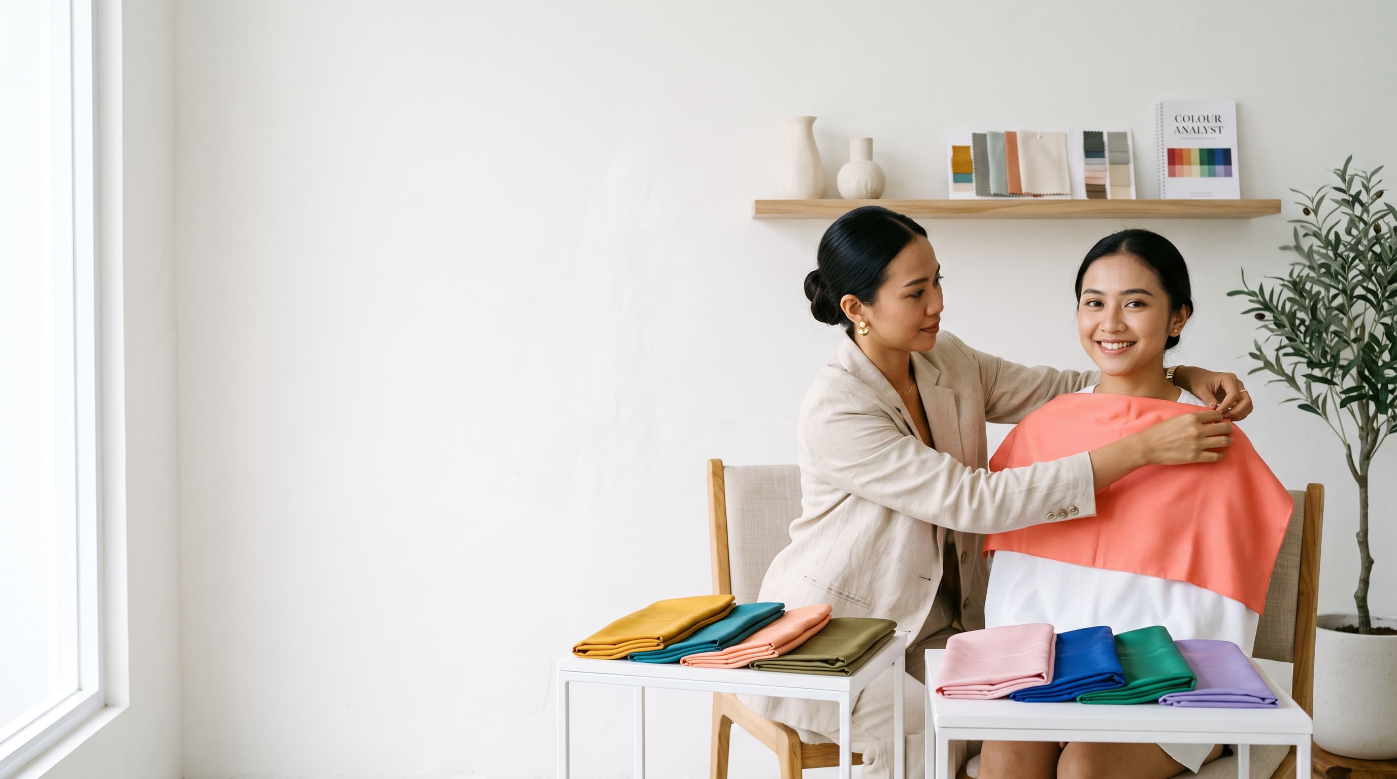 A colourist draping a coral silk fabric over a smiling guest in a bright white studio