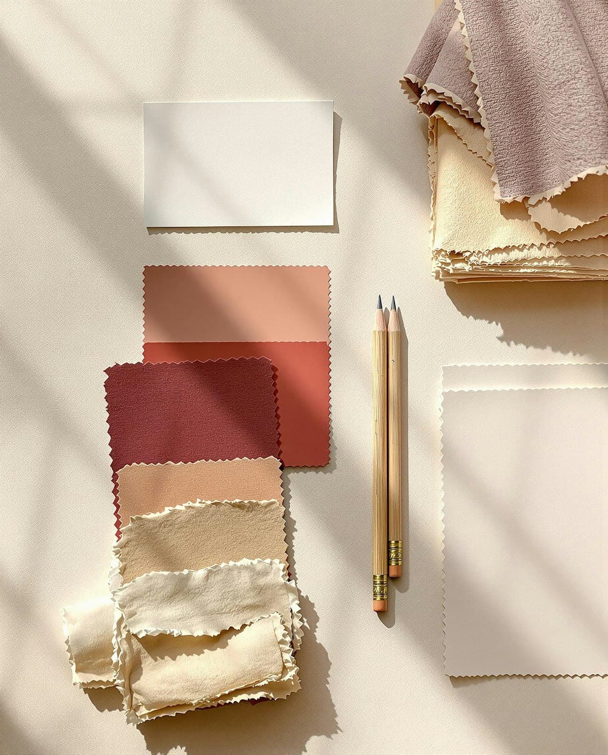 Fabric and paper swatches in warm reds, blush and cream laid out in soft daylight