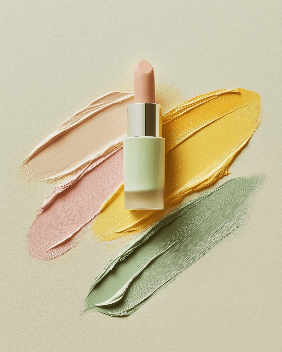 A nude lipstick resting on creamy swatches of blush, butter yellow and sage