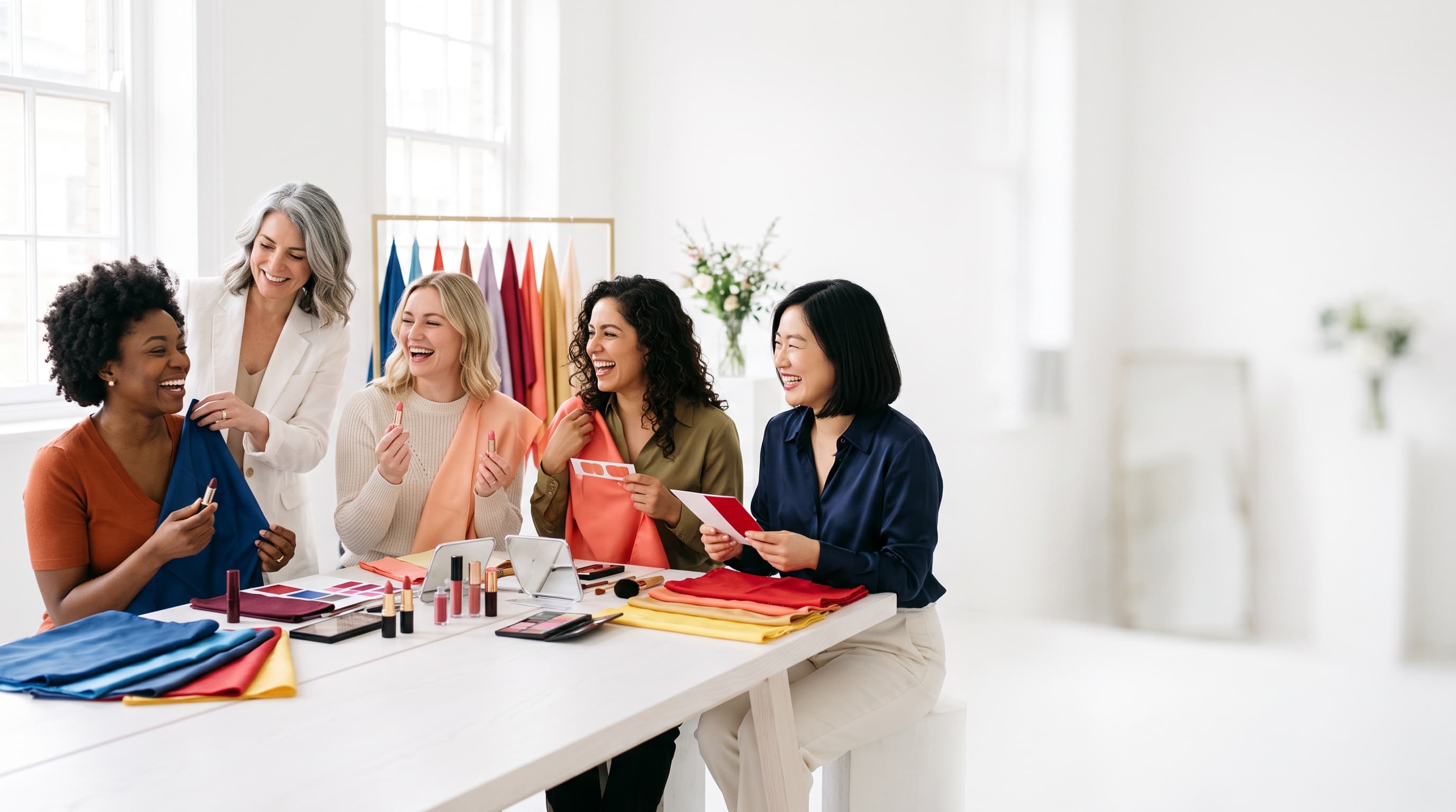 A group of women laughing as they compare silk swatches and lipsticks at a workshop table